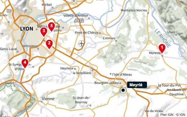 Carte : Meyrié et les 5 agences de la liste, numérotées de 1 à 5