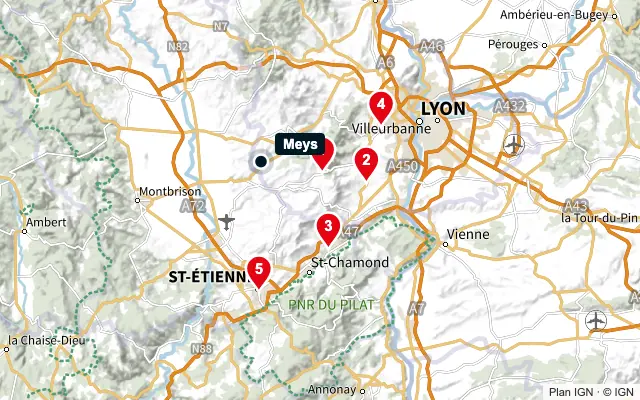 Carte : Meys et les 5 agences de la liste, numérotées de 1 à 5