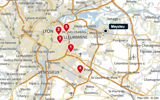 Carte : Meyzieu et les 5 agences de la liste, numérotées de 1 à 5
