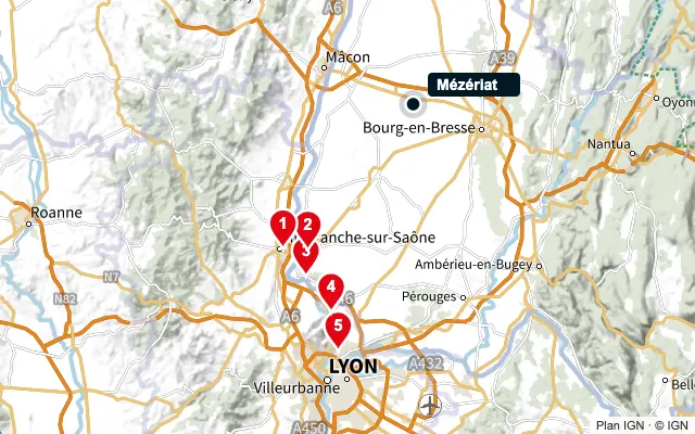 Carte : Mézériat et les 5 agences de la liste, numérotées de 1 à 5