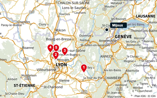 Carte : Mijoux et les 5 agences de la liste, numérotées de 1 à 5