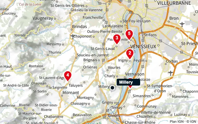 Carte : Millery et les 5 agences de la liste, numérotées de 1 à 5