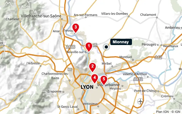 Carte : Mionnay et les 5 agences de la liste, numérotées de 1 à 5