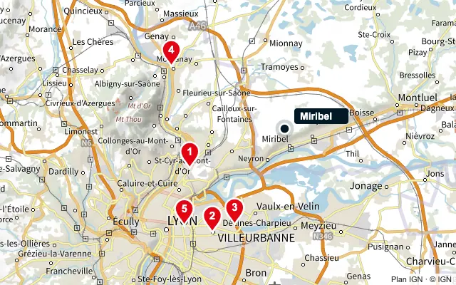 Carte : Miribel et les 5 agences de la liste, numérotées de 1 à 5