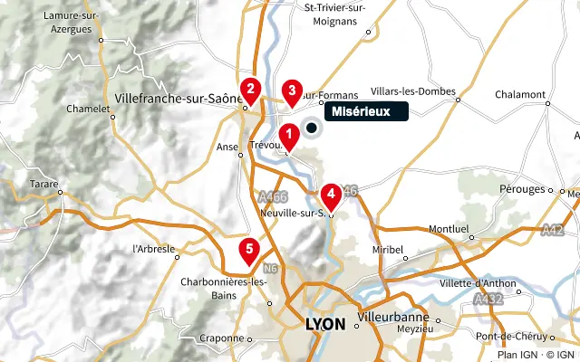 Carte : Misérieux et les 5 agences de la liste, numérotées de 1 à 5