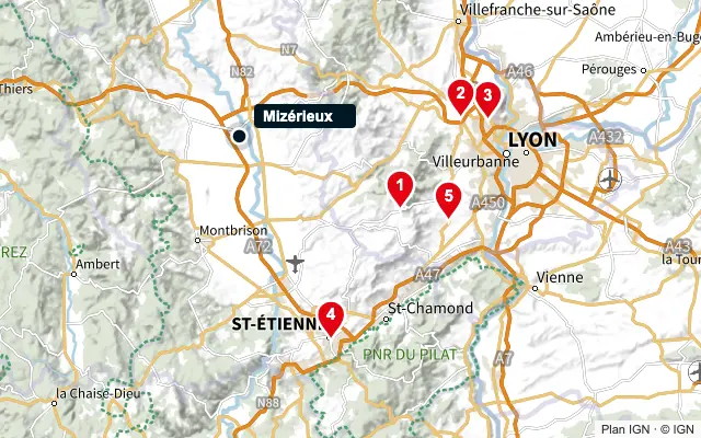 Carte : Mizérieux et les 5 agences de la liste, numérotées de 1 à 5