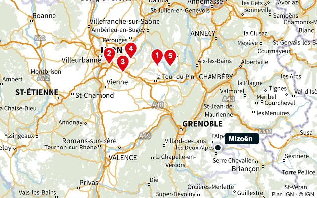 Carte : Mizoën et les 5 agences de la liste, numérotées de 1 à 5