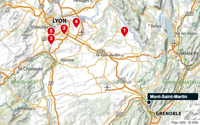 Carte : Mont-Saint-Martin et les 5 agences de la liste, numérotées de 1 à 5