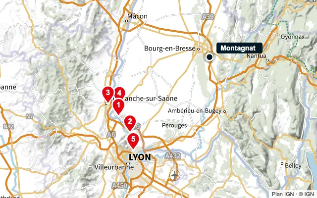 Carte : Montagnat et les 5 agences de la liste, numérotées de 1 à 5