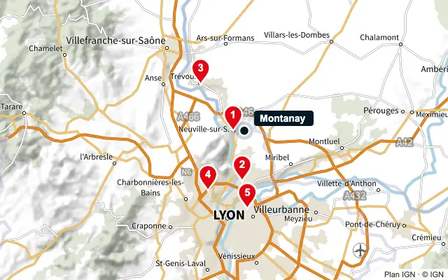 Carte : Montanay et les 5 agences de la liste, numérotées de 1 à 5
