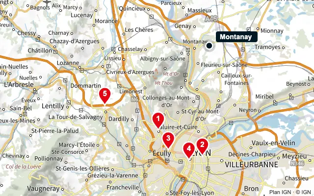 Carte : Montanay et les 5 agences de la liste, numérotées de 1 à 5