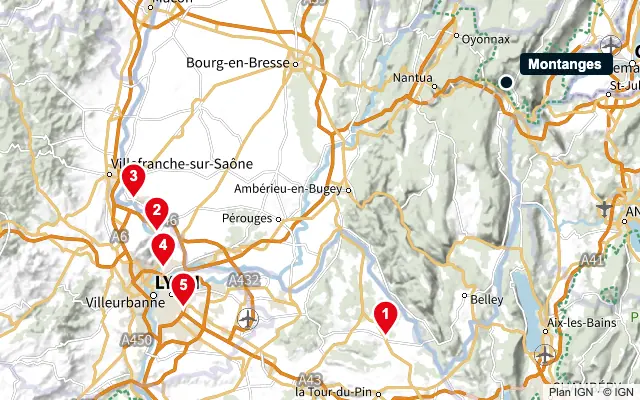 Carte : Montanges et les 5 agences de la liste, numérotées de 1 à 5
