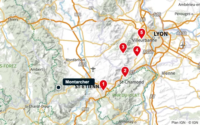 Carte : Montarcher et les 5 agences de la liste, numérotées de 1 à 5