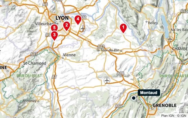 Carte : Montaud et les 5 agences de la liste, numérotées de 1 à 5