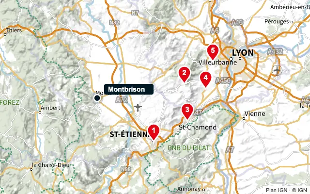 Carte : Montbrison et les 5 agences de la liste, numérotées de 1 à 5