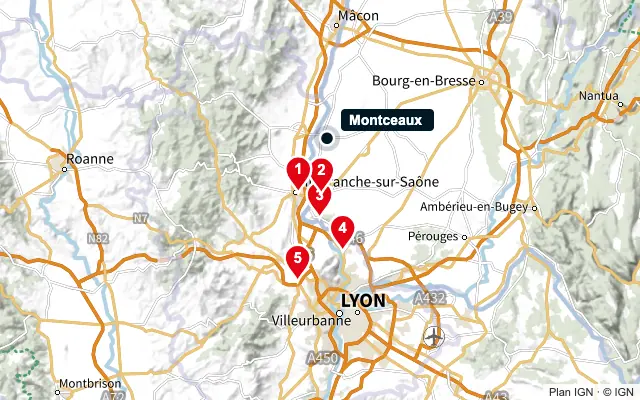 Carte : Montceaux et les 5 agences de la liste, numérotées de 1 à 5