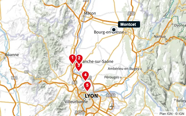 Carte : Montcet et les 5 agences de la liste, numérotées de 1 à 5