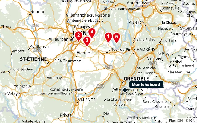 Carte : Montchaboud et les 5 agences de la liste, numérotées de 1 à 5