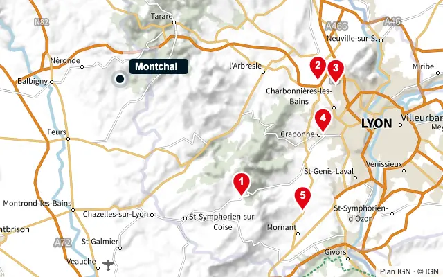 Carte : Montchal et les 5 agences de la liste, numérotées de 1 à 5