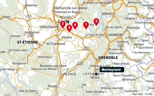 Carte : Monteynard et les 5 agences de la liste, numérotées de 1 à 5