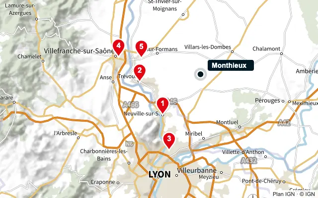 Carte : Monthieux et les 5 agences de la liste, numérotées de 1 à 5