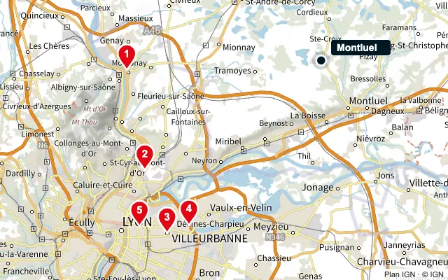 Carte : Montluel et les 5 agences de la liste, numérotées de 1 à 5