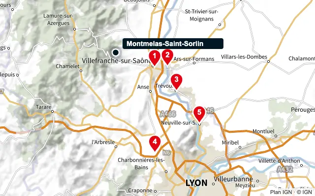 Carte : Montmelas-Saint-Sorlin et les 5 agences de la liste, numérotées de 1 à 5