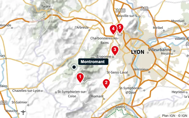 Carte : Montromant et les 5 agences de la liste, numérotées de 1 à 5