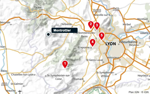 Carte : Montrottier et les 5 agences de la liste, numérotées de 1 à 5