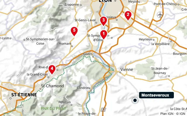 Carte : Montseveroux et les 5 agences de la liste, numérotées de 1 à 5