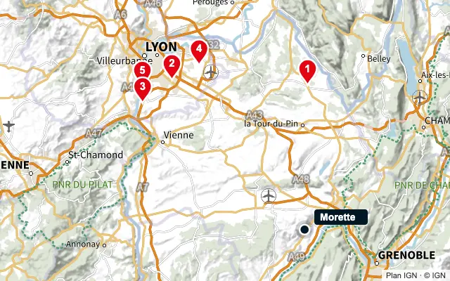 Carte : Morette et les 5 agences de la liste, numérotées de 1 à 5