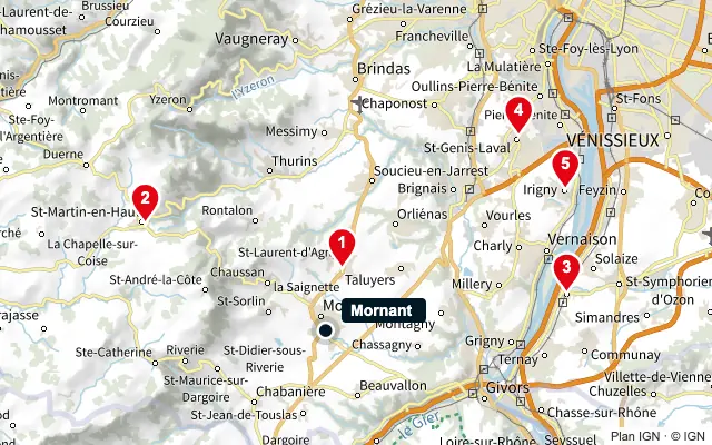Carte : Mornant et les 5 agences de la liste, numérotées de 1 à 5