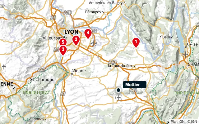 Carte : Mottier et les 5 agences de la liste, numérotées de 1 à 5