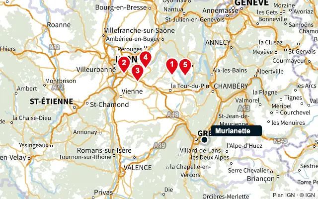 Carte : Murianette et les 5 agences de la liste, numérotées de 1 à 5