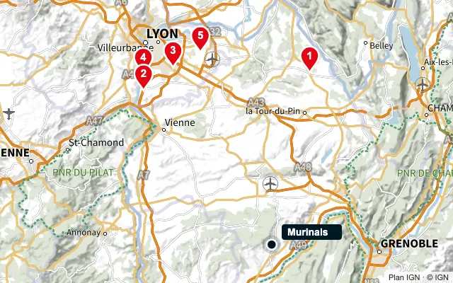 Carte : Murinais et les 5 agences de la liste, numérotées de 1 à 5