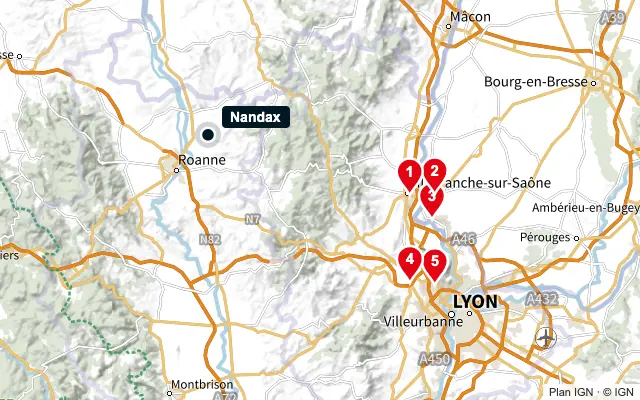 Carte : Nandax et les 5 agences de la liste, numérotées de 1 à 5