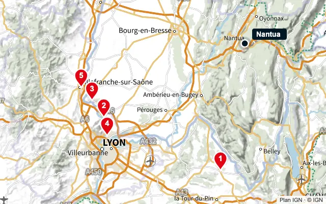 Carte : Nantua et les 5 agences de la liste, numérotées de 1 à 5