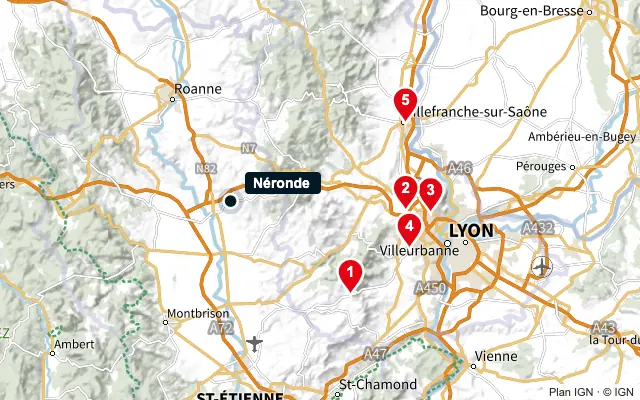 Carte : Néronde et les 5 agences de la liste, numérotées de 1 à 5