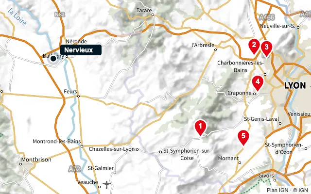 Carte : Nervieux et les 5 agences de la liste, numérotées de 1 à 5