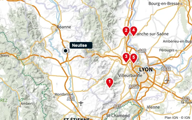 Carte : Neulise et les 5 agences de la liste, numérotées de 1 à 5