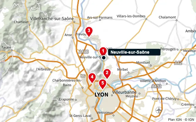 Carte : Neuville-sur-Saône et les 5 agences de la liste, numérotées de 1 à 5