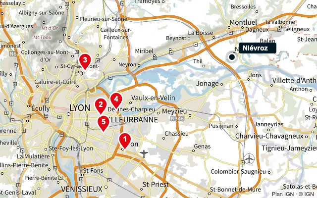 Carte : Niévroz et les 5 agences de la liste, numérotées de 1 à 5