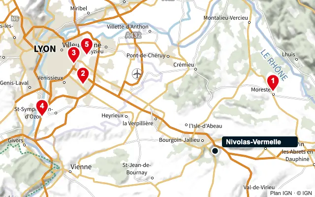 Carte : Nivolas-Vermelle et les 5 agences de la liste, numérotées de 1 à 5
