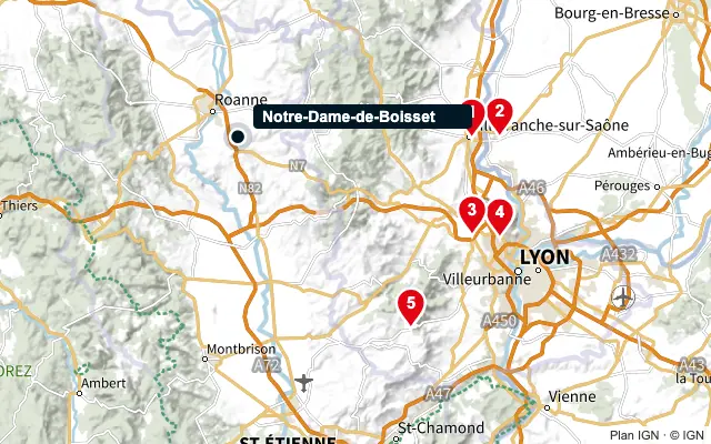 Carte : Notre-Dame-de-Boisset et les 5 agences de la liste, numérotées de 1 à 5