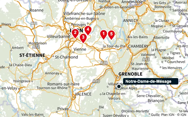 Carte : Notre-Dame-de-Mésage et les 5 agences de la liste, numérotées de 1 à 5
