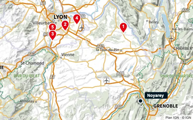 Carte : Noyarey et les 5 agences de la liste, numérotées de 1 à 5