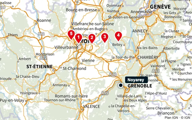 Carte : Noyarey et les 5 agences de la liste, numérotées de 1 à 5
