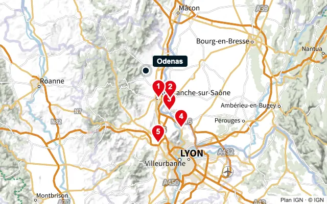 Carte : Odenas et les 5 agences de la liste, numérotées de 1 à 5