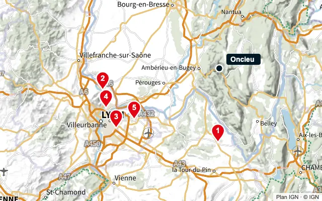 Carte : Oncieu et les 5 agences de la liste, numérotées de 1 à 5