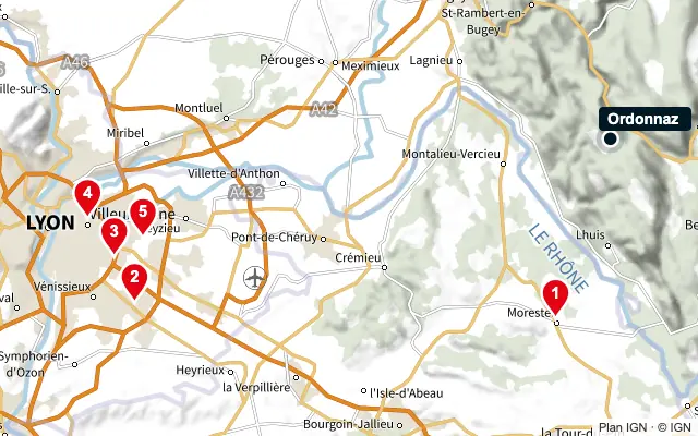 Carte : Ordonnaz et les 5 agences de la liste, numérotées de 1 à 5
